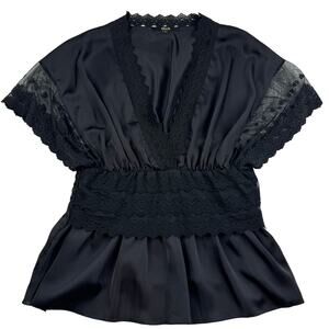 Black Boho Victorian Feminine Romantic Lace Crochet Frilly Blouse Women's Size L